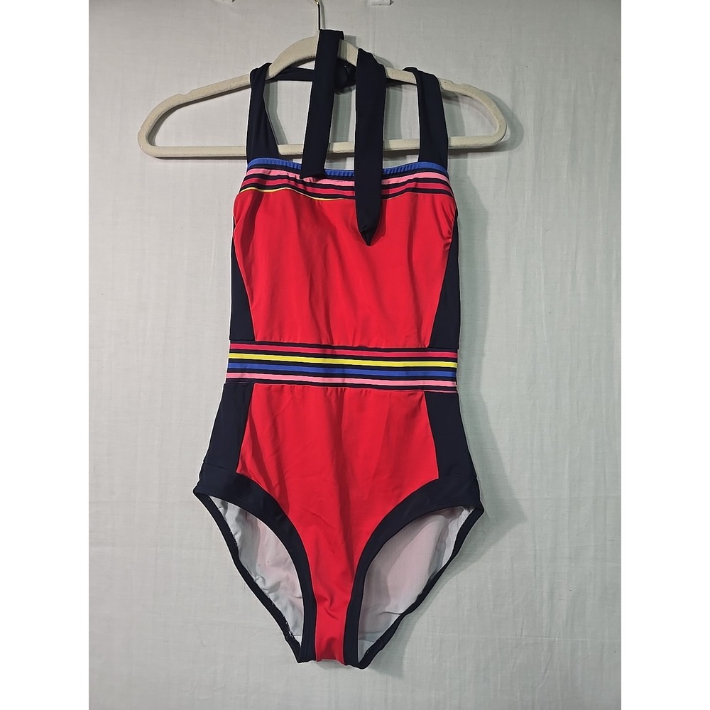 Boden Red and Navy One-Piece Swimsuit with Multicolor Stripe